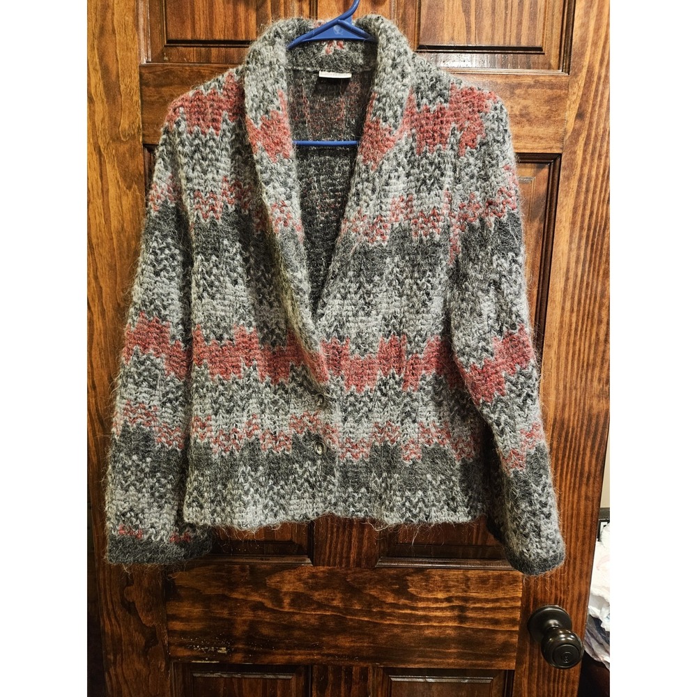 Koret Mohair Vintage Cardigan Union Made Grandma Core Grey Red Chevron Small